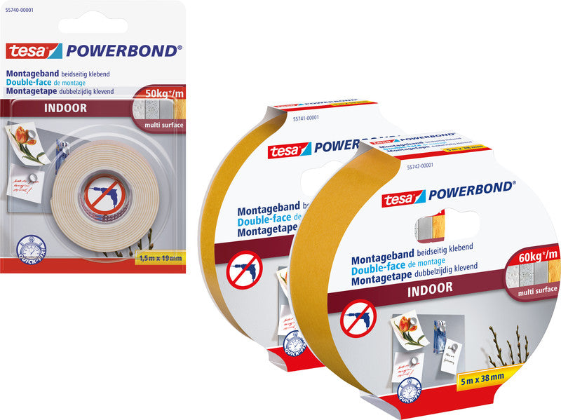 Tesa Powerbond Montageband, stark, für den Innenbereich, für glatte Oberflächen – 19 mm × 5 m, weiss, bis 5 kg/10 cm