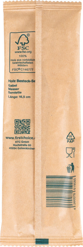 First choice ELCO Besteck-Set Holz – Messer, Gabel, Serviette, 16,5 cm, Braun, 50 Stück