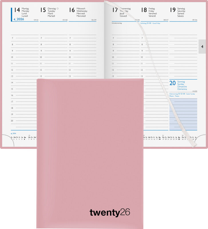 Biella Colorful 7 Agenda – 1 Woche/2 Seiten, gebunden, 14,5 × 20,5 cm, 2026, rosa, FSC