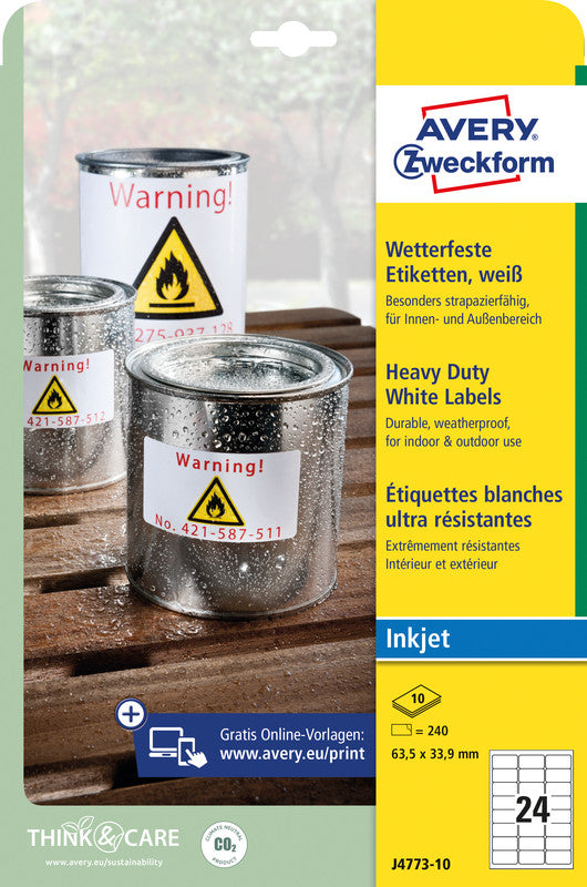 Avery Drucketiketten, 64 mm × 34 mm, weiss, Folie, extra stark, 240 Etiketten (10 Blatt)