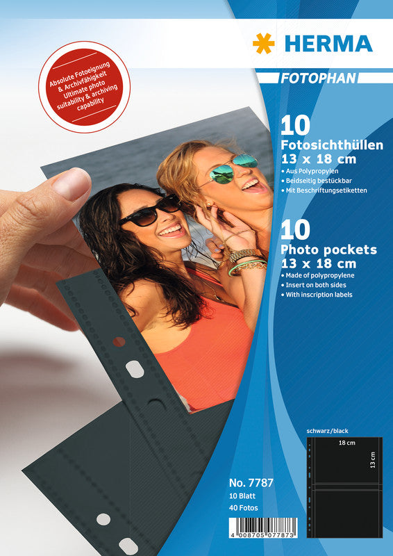 HERMA Fotophan Sichtmappe 13×18 cm quer – 40 Hüllen, Schwarz, Kunststoff, Glänzend, 10er-Pack