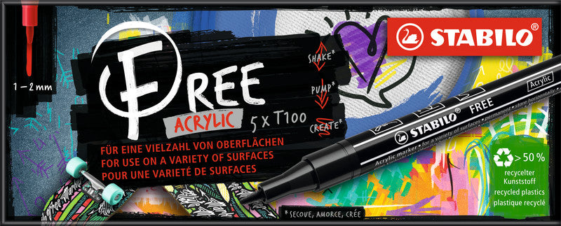 STABILO Acrylmarker – Laubgrün, Orange, Taffy Pink, Violett, Weiss, 5er Set