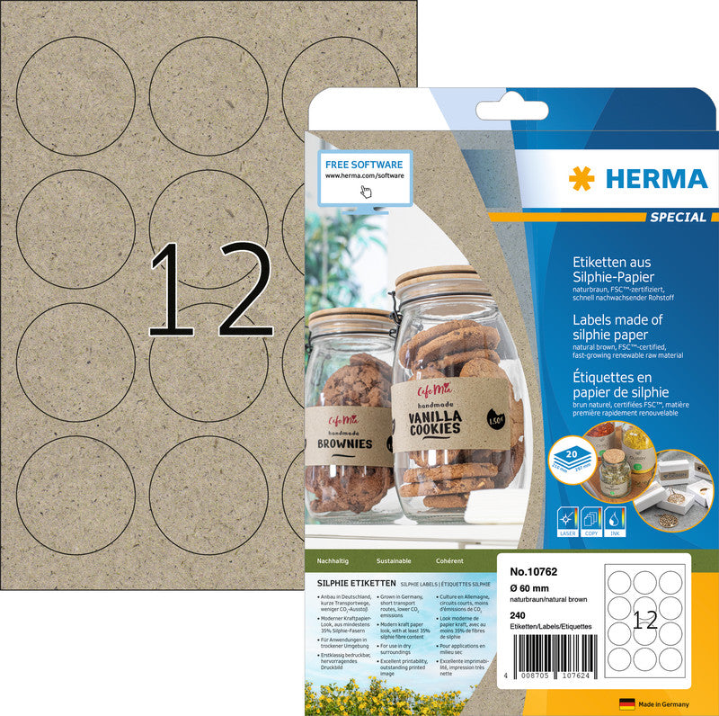 HERMA Druckeretiketten, Ø 60 mm, braun, Papier, permanent, 20 Blätter (240 Etiketten)