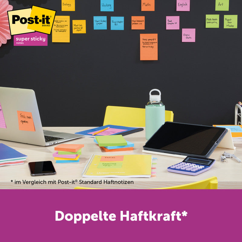 Post-it Haftnotizen Super Sticky – 76×76 mm – sortiert, 12×90 Blatt, PEFC