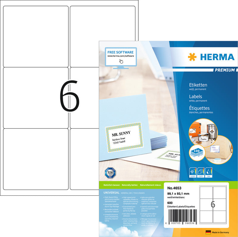 HERMA Adressetiketten, 99 mm × 93 mm, weiss, Papier, permanent, 600 Etiketten (100 Blatt)