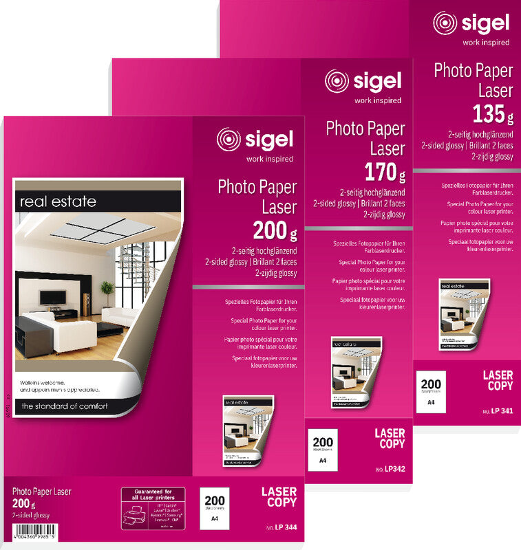 Sigel Fotopapier – hochglänzend, A4, 135 g/m², 200 Blatt, beidseitig – für Laserdrucker und Kopierer