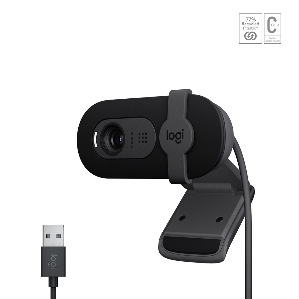Logitech Brio 100 Webcam – Full HD 1080p, 30 fps, USB, Sichtschutz – Graphit